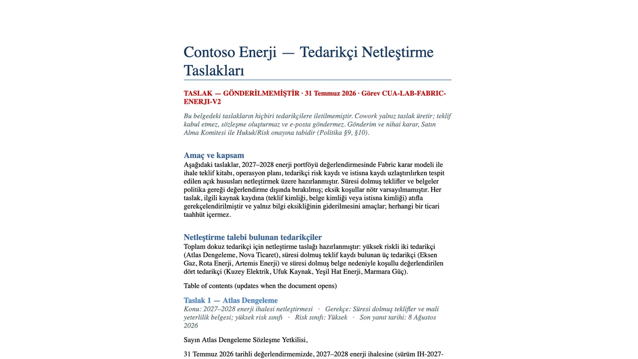 Word belgesi dokuz gönderilmemiş tedarikçi taslağını ve her biri için Satın Alma Komitesi onayı sınırını korur.