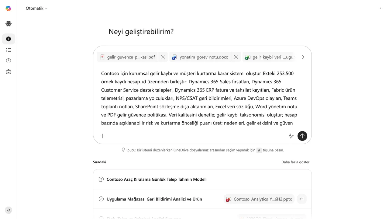 1 · Kurulum: 253.500 örnek kayıt içeren 13 dosya tek görevde eklendi. Dynamics 365, Microsoft Fabric, Azure DevOps, Teams ve SharePoint verileri canlı bağlantı değil, dışa aktarım dosyaları olarak kullanıldı.