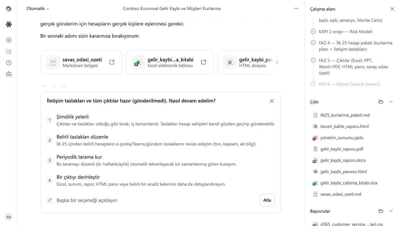 5 · Teslim: Excel çalışma kitabı, PowerPoint sunumu, Word ve PDF raporu, HTML panosu, ilk 25 kurtarma paketi, savaş odası özeti ve beceri kalite raporu üretildi.