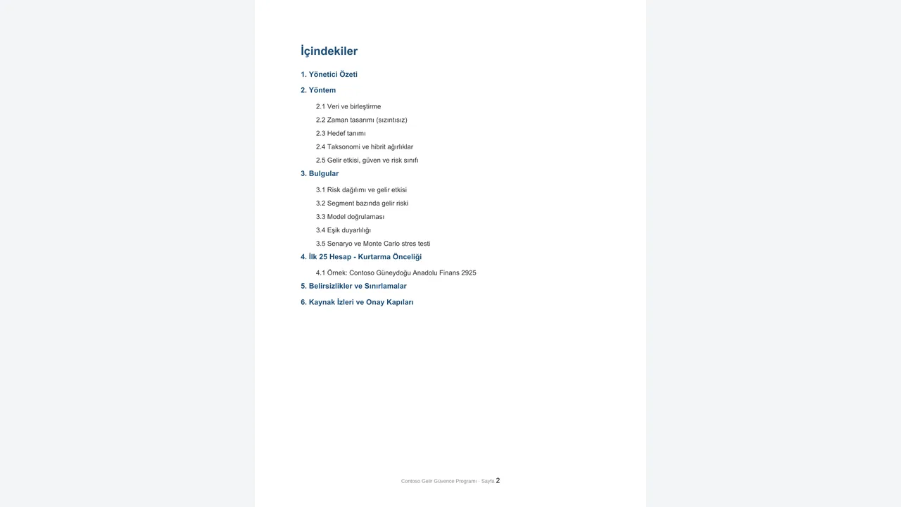 Word raporunun yedi sayfalık PDF kopyası. Boş gelen içindekiler sayfası, yayın kalite denetiminde aynı bölüm listesiyle tamamlandı.