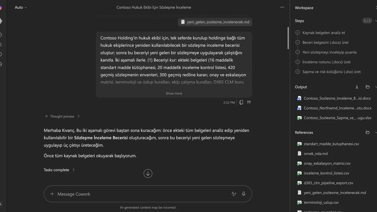 2 · Plan: Cowork iki aşamalı bir yol izledi: önce belgelerden yeniden kullanılabilir bir sözleşme inceleme becerisi kur, sonra bu beceriyi yeni gelen sözleşmeye uygula.