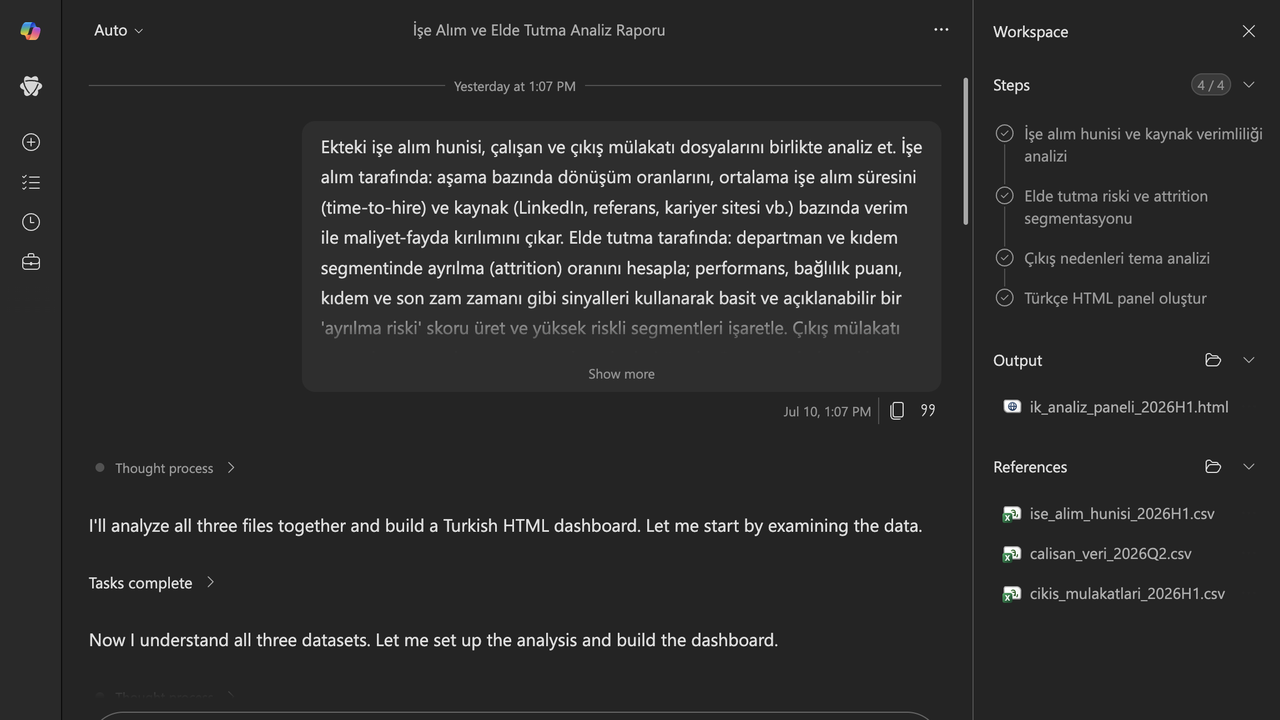 1 · Kurulum: Cowork'e üç örnek CSV (işe alım hunisi, çalışan verisi, çıkış mülakatları) eklendi ve tek bir Türkçe görev tarifi girildi.