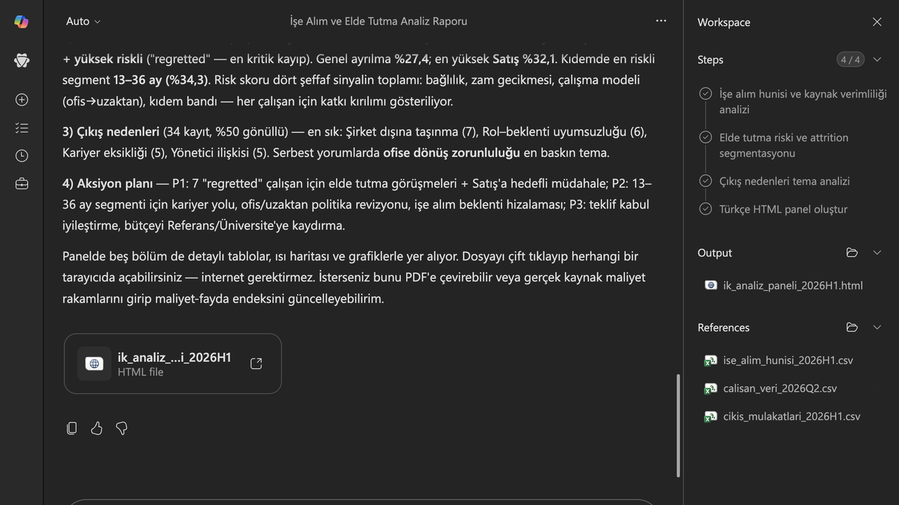 4 · Çıktı: önceliklendirilmiş aksiyon planı: P1/P2/P3 rozetleri, her bulguya bağlı öneri, sahip ve etki ile.