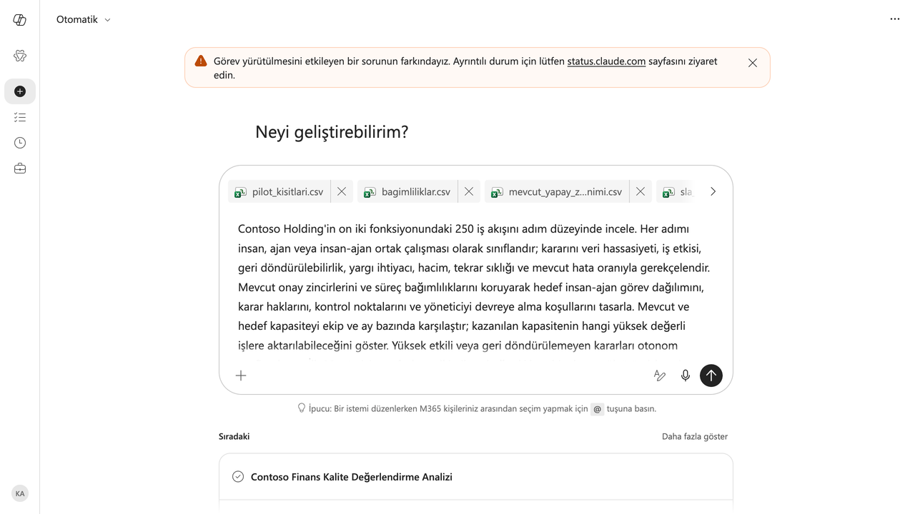 1 · Kurulum: Türkçe Microsoft 365 Copilot Cowork'ta Auto modeliyle görev kuruldu; 10 örnek CSV yüklendi.