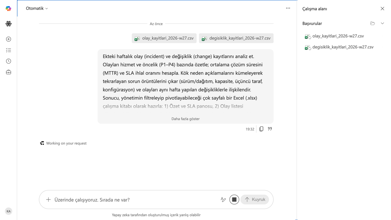 2 · Plan: Cowork görevi üç Türkçe adıma böldü: verileri analiz edip metrikleri hesapla, çok sayfalı Excel çalışma kitabı oluştur, çalışma kitabını doğrula ve teslim et.