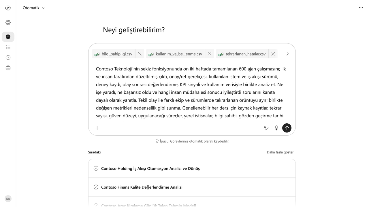 1 · Kurulum: Türkçe Microsoft 365 Copilot Cowork'ta Auto modeliyle görev kuruldu; 13 örnek dosya yüklendi.