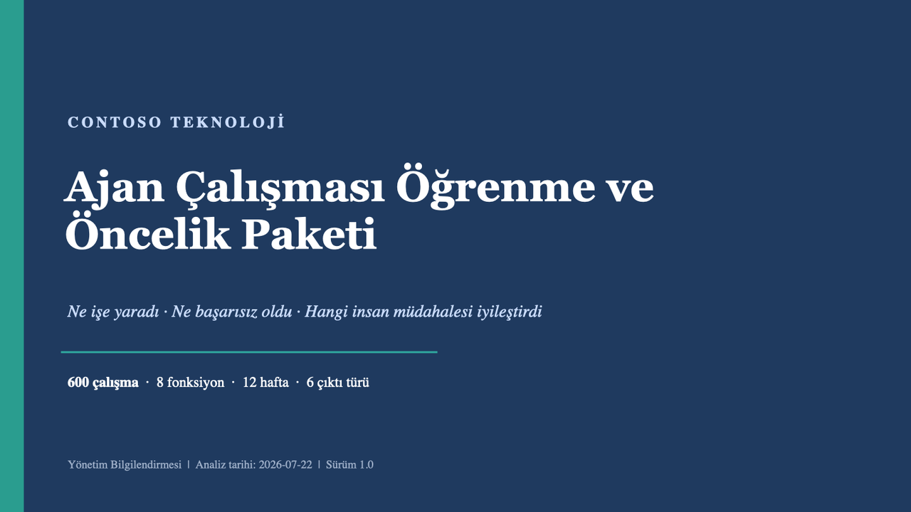 16 slaytlık öğrenme ve öncelik paketi; bulguları, nedensellik disiplinini, öncelikli öğrenme birikimini ve sonraki deneyleri özetliyor.