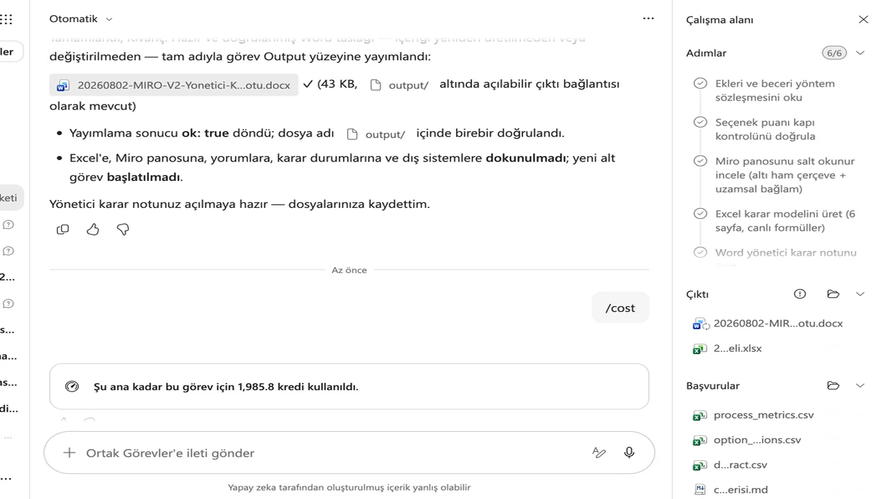 5 · Maliyet: Tam görev ve onarım turları birlikte 1.985,8 kredi kullandı.