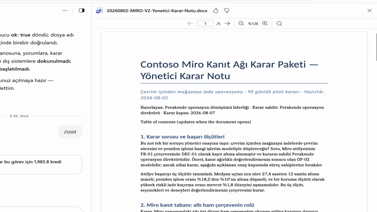Word notu altı ham Miro çerçevesini, ST-04 darboğazını, üç karar kapısını ve canlı eklenti sınırını açıklıyor.