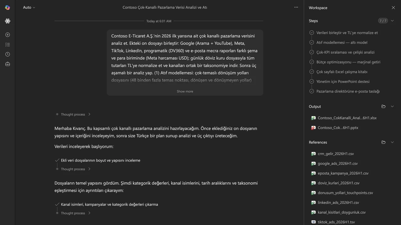 1 · Kurulum: on mecra dosyası (Google, Meta, TikTok, LinkedIn, programatik, e-posta, dönüşüm yolları, CRM, döviz kurları ve kanal kısıtları) eklendi ve tek bir Türkçe görev tarifi verildi.