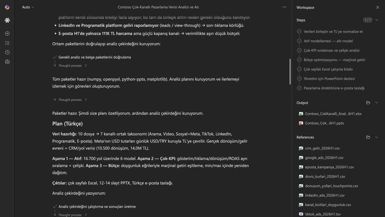 2 · Plan: Cowork yedi adımlı bir Türkçe plan kurdu: veri birleştirme, altı atıf modeli, çok-KPI sıralaması, bütçe optimizasyonu ve üç çıktı.