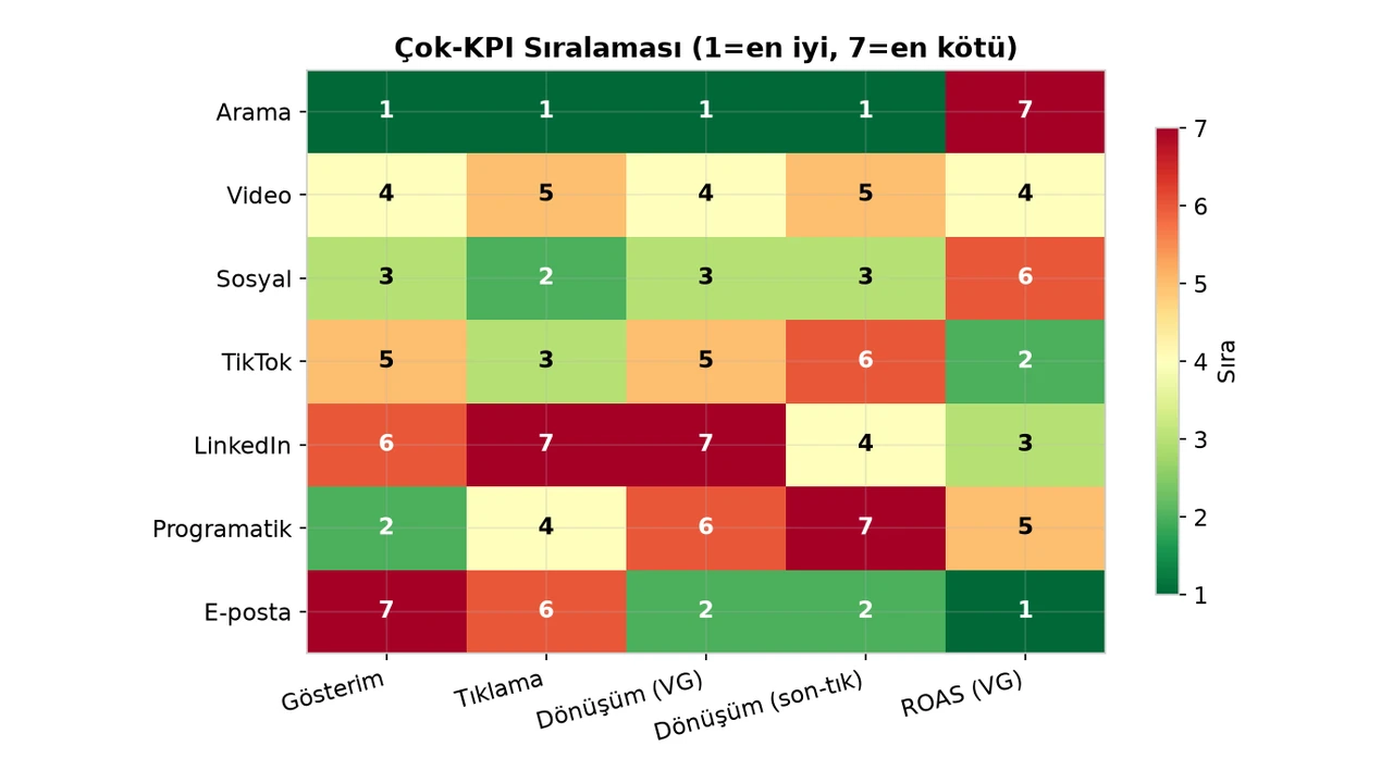 Çok-KPI sıralaması ısı haritası: Arama gösterim ve dönüşümde birinci ama ROAS'ta sonuncu; e-posta tam tersi. Hangi ölçüte göre optimize edildiği tabloyu baştan yazıyor.