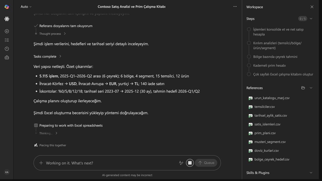 2 · Plan: Cowork Excel becerisini yükledi ve görevi beş Türkçe adıma böldü: işlemleri konsolide et, kırılım analizleri, çeyrek tahmini, kademeli prim hesabı ve çok sayfalı çalışma kitabını oluştur.