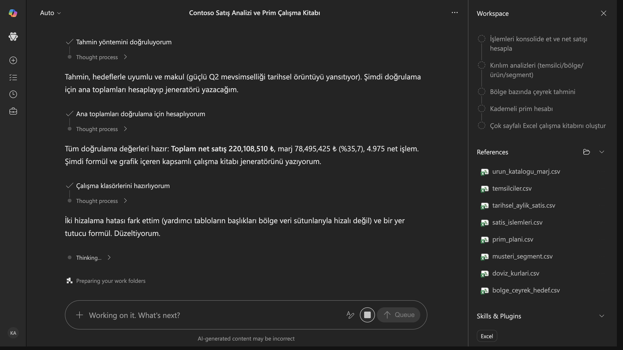3 · İşlem: Cowork ihracat satışlarını aylık kurla TL'ye çevirdi, iadeleri hariç tuttu ve formül tabanlı, denetlenebilir bir çalışma kitabı kurdu; kırılım, trend ve mevsimsellik hesaplarını formüllerle yaptı.