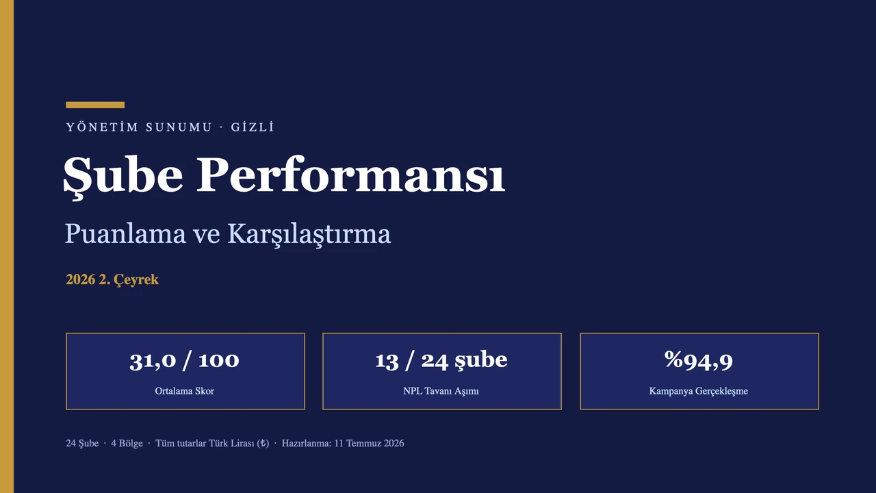 On iki slaytlık .pptx yönetim destesi: durum, yöntem, bölge kıyası, öne çıkan ve zayıf şubeler, tam sıralama, varlık kalitesi, kampanya, sektör bağlamı, aksiyon planı ve kapanış; düzenlenebilir grafiklerle.