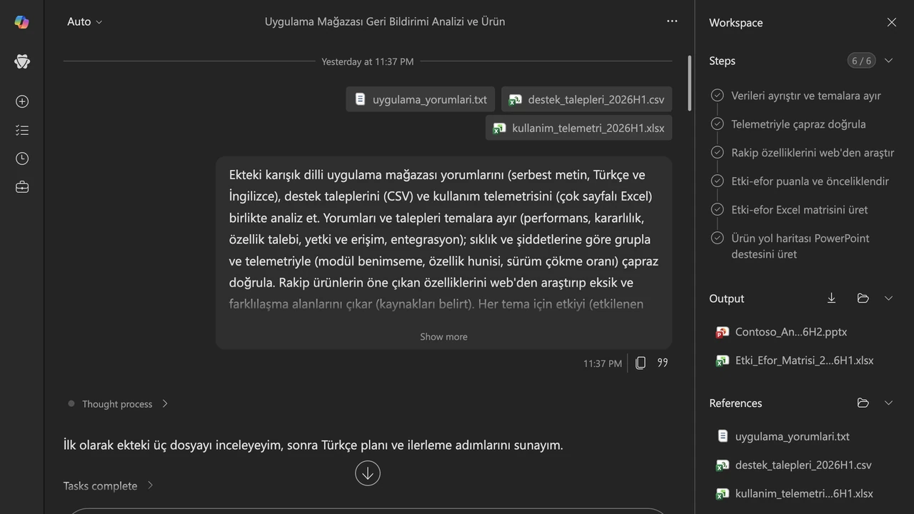 1 · Kurulum: üç heterojen kaynak (karışık dilli 20 uygulama yorumu, 140 destek talebi ve üç sayfalık kullanım telemetrisi) eklendi ve tek bir Türkçe görev tarifi verildi.
