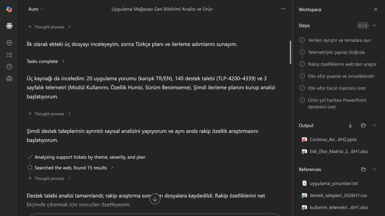 2 · Yöntem: üç kaynak birlikte okundu ve geri bildirim beş temaya ayrıldı (özellik talebi, kararlılık, yetki ve erişim, entegrasyon, performans); aynı anda web'den rakip özellik araştırması başlatıldı.