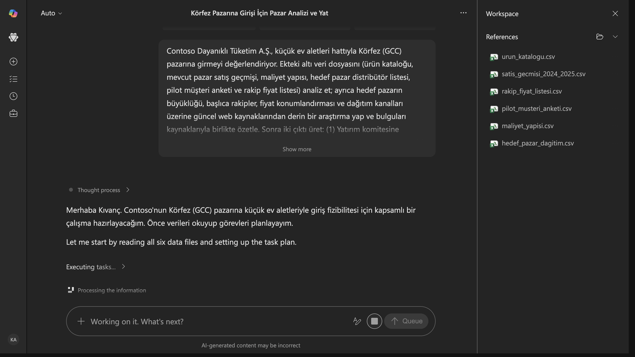 2 · Plan: Cowork görevi Türkçe adımlara böldü: verileri analiz et ve finansal modeli kur, Körfez pazarı için derin web araştırması yap, yatırım komitesi sunumunu hazırla, üç paydaş için e-posta taslağı yaz, Türkçe özeti derle.