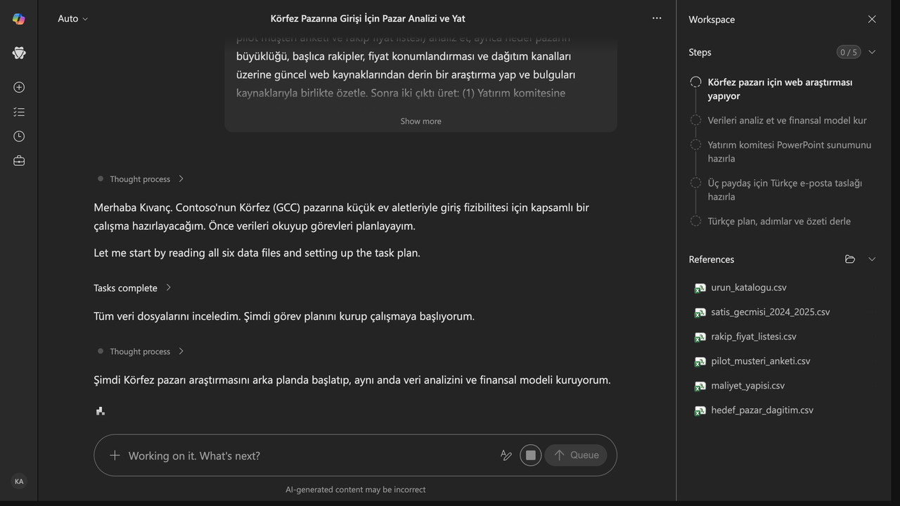 3 · Derin araştırma: Cowork, derin araştırma becerisiyle Körfez (GCC) pazar büyüklüğü, başlıca rakipler, fiyat konumlandırması ve dağıtım kanallarını güncel web kaynaklarından derledi; altı CSV'yi de aynı anda çözümledi.