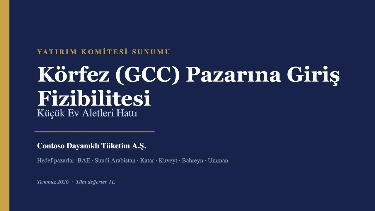 On beş slaytlık .pptx yatırım komitesi destesi: pazar boyutu, rekabet, fiyatlandırma, dağıtım, üç yıllık finansal model, duyarlılık ve senaryo analizi, SWOT ve öneriler; her slaytta Türkçe konuşmacı notu.