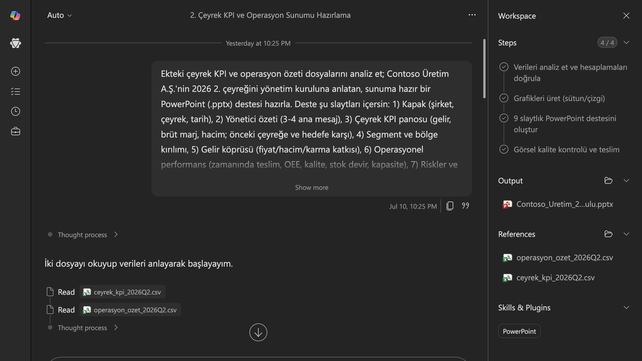 1 · Kurulum: Cowork'e iki örnek CSV (çeyrek KPI ve operasyon özeti) referans olarak eklendi ve tek bir Türkçe görev tarifi girildi.
