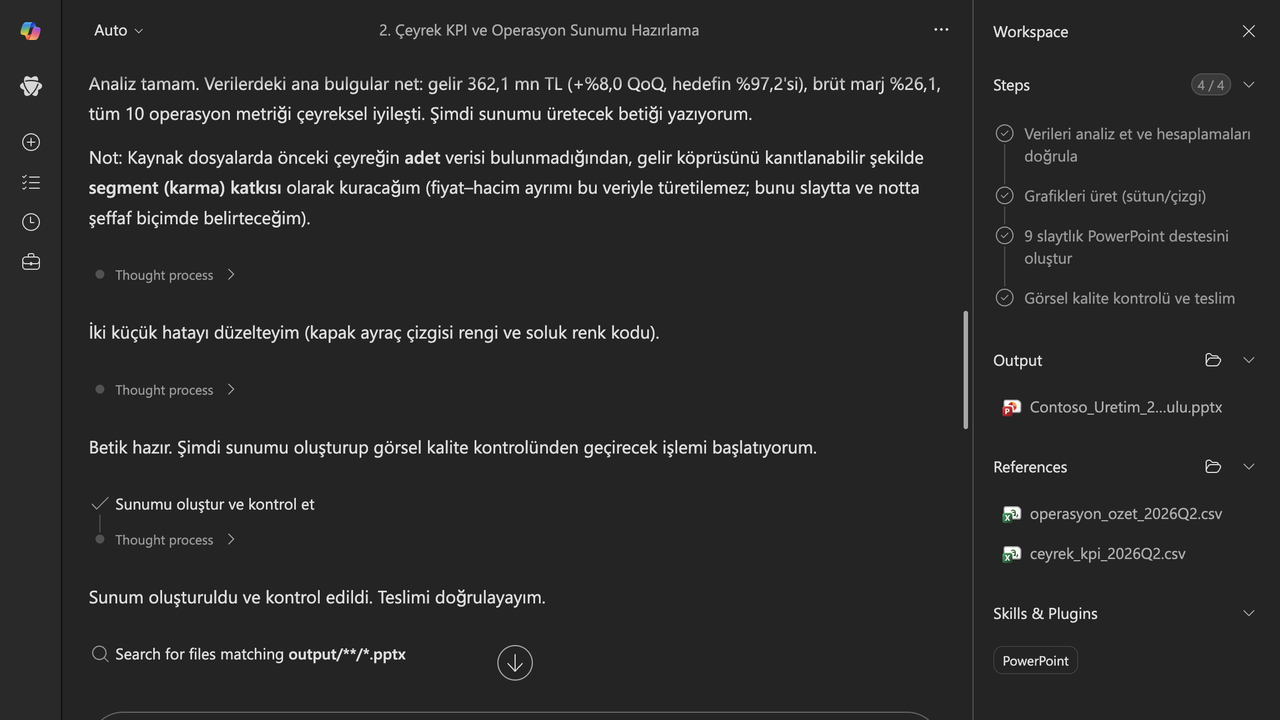 3 · İşlem: Cowork PowerPoint becerisiyle betiği yazdı, 9 slaytlık sunumu oluşturdu, görsel kalite kontrolünden geçirdi ve dosyayı teslim etti.