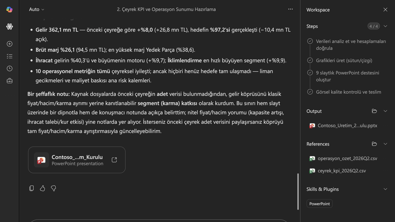 9 slaytlık, sütun/çizgi grafikli ve her slaytta konuşmacı notu olan yönetim kurulu destesi: indirilebilir .pptx.
