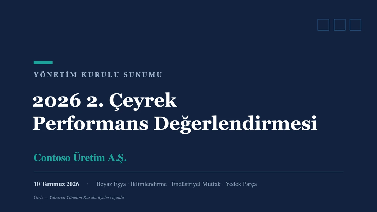 Dokuz slaytlık .pptx yönetim kurulu destesi: çeyrek durumu, gelir ve marj köprüsü, segment ve bölge kırılımı, operasyon KPI'ları ve öncelikler; her slaytta Türkçe konuşmacı notu.